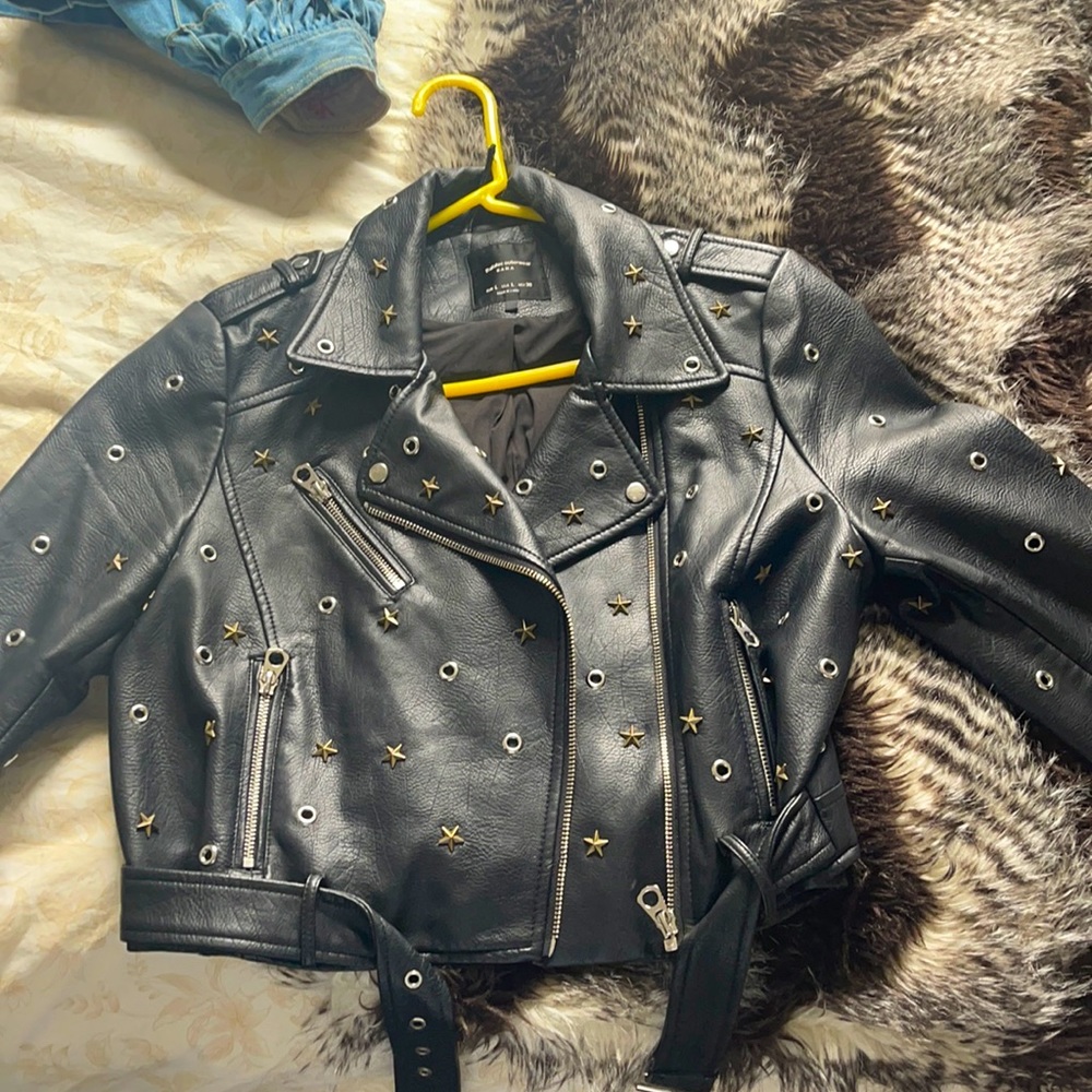Zara black leather jacket with star detailing
